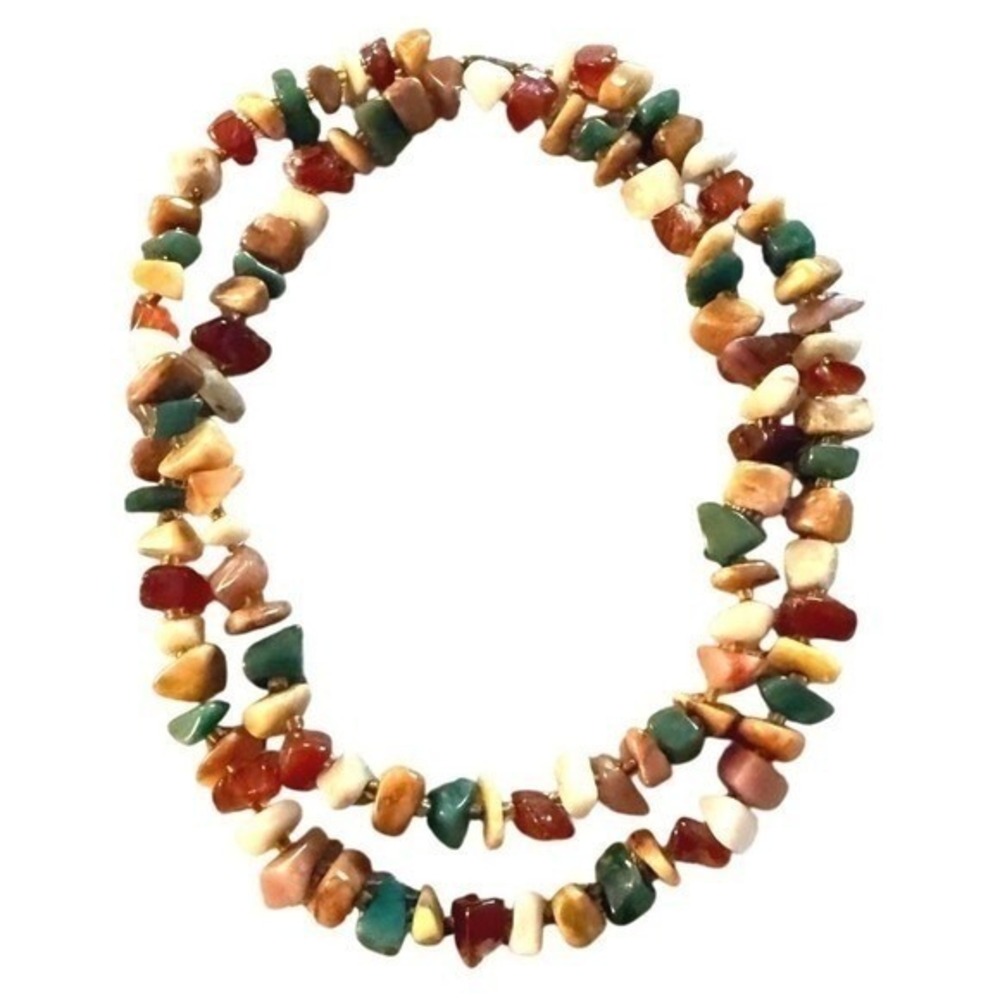 Vintage Multi Gemstone Chip Necklace Women Brown Green Tan Red White Boho